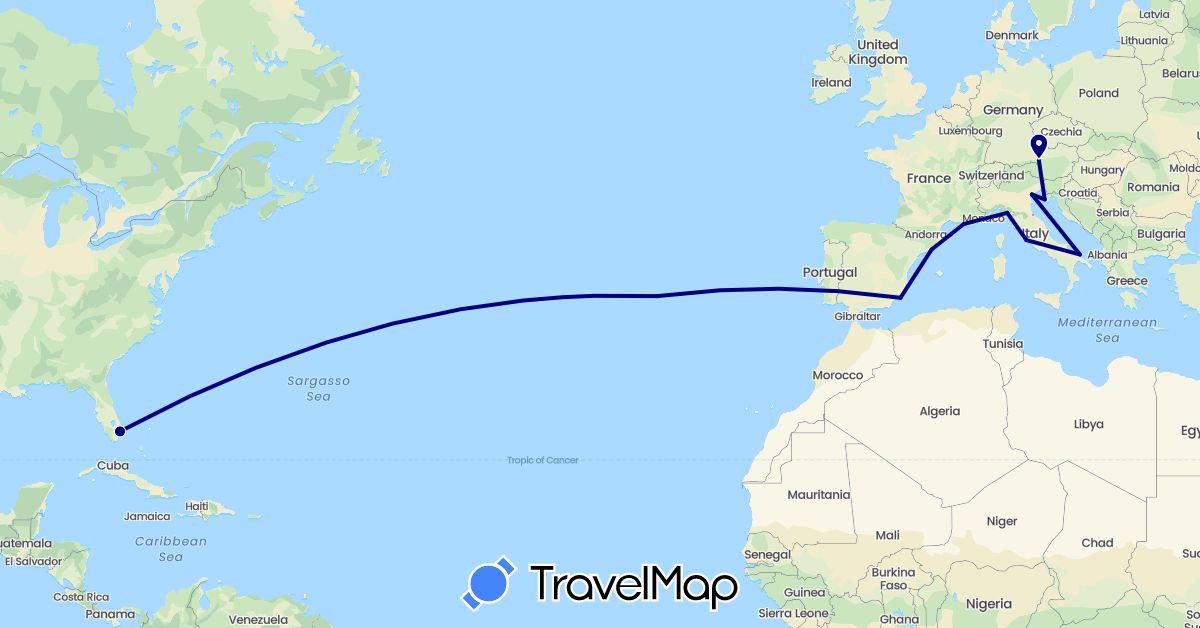 TravelMap itinerary: driving in Austria, Spain, France, Croatia, Italy, Portugal, United States (Europe, North America)